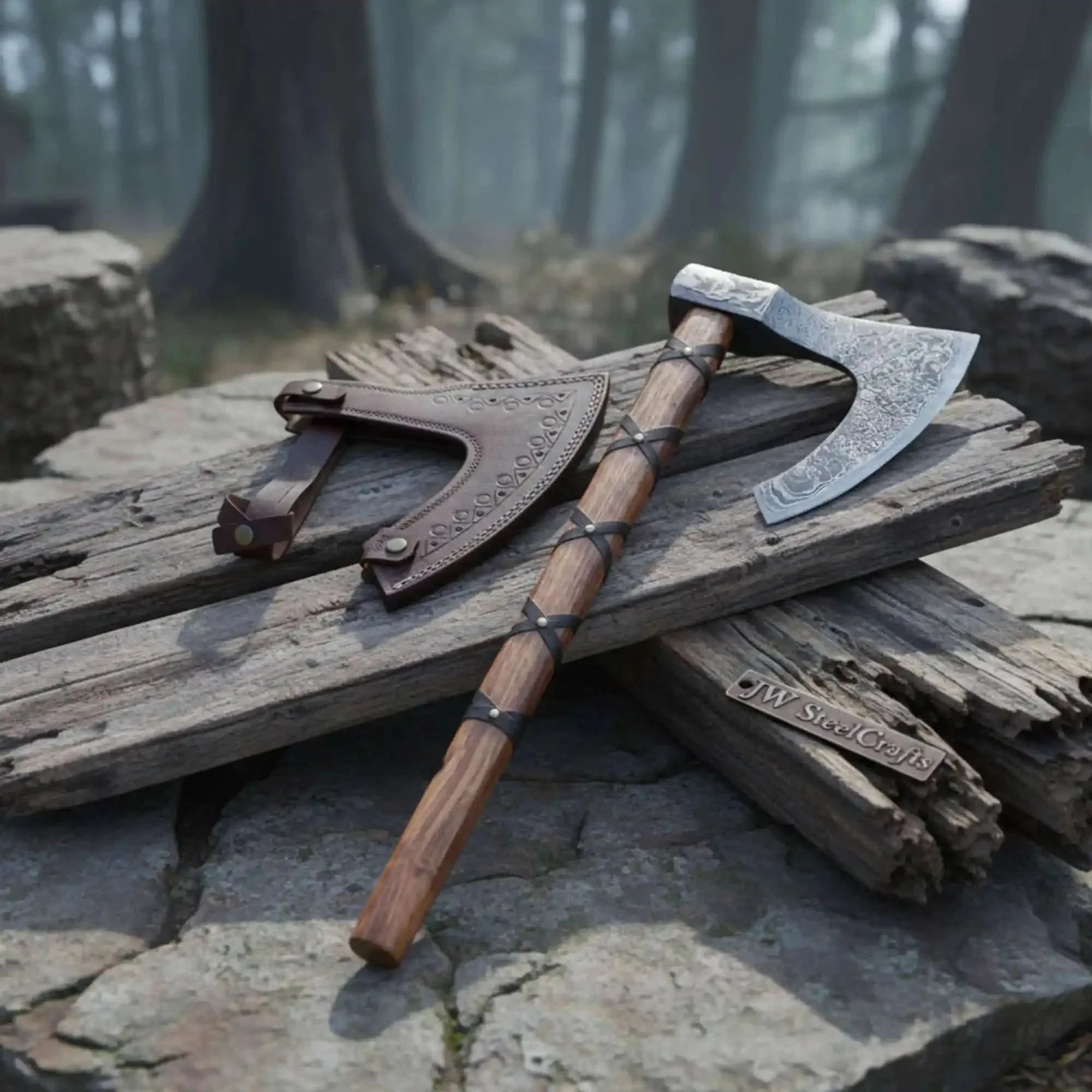 Handmade Damascus Skeggøx Bearded Axe with Leather Wrap and Sheath by JW SteelCrafts, leather knife sheath main product photo