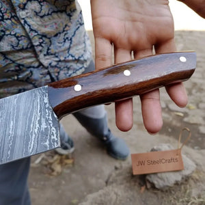 12-Inch Serbian Damascus Cleaver — Rosewood Handle & Leather Sheath