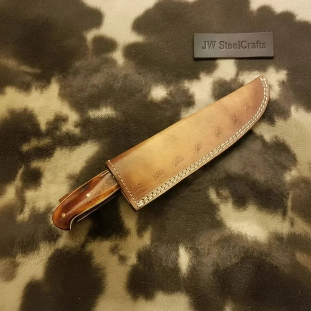 14-Inch Handmade Damascus Chef Knife – Brown Handle & Brass Bolster | Layered Damascus Blade | Hand-Stitched Leather Sheath Included by JW SteelCrafts, leather knife sheath