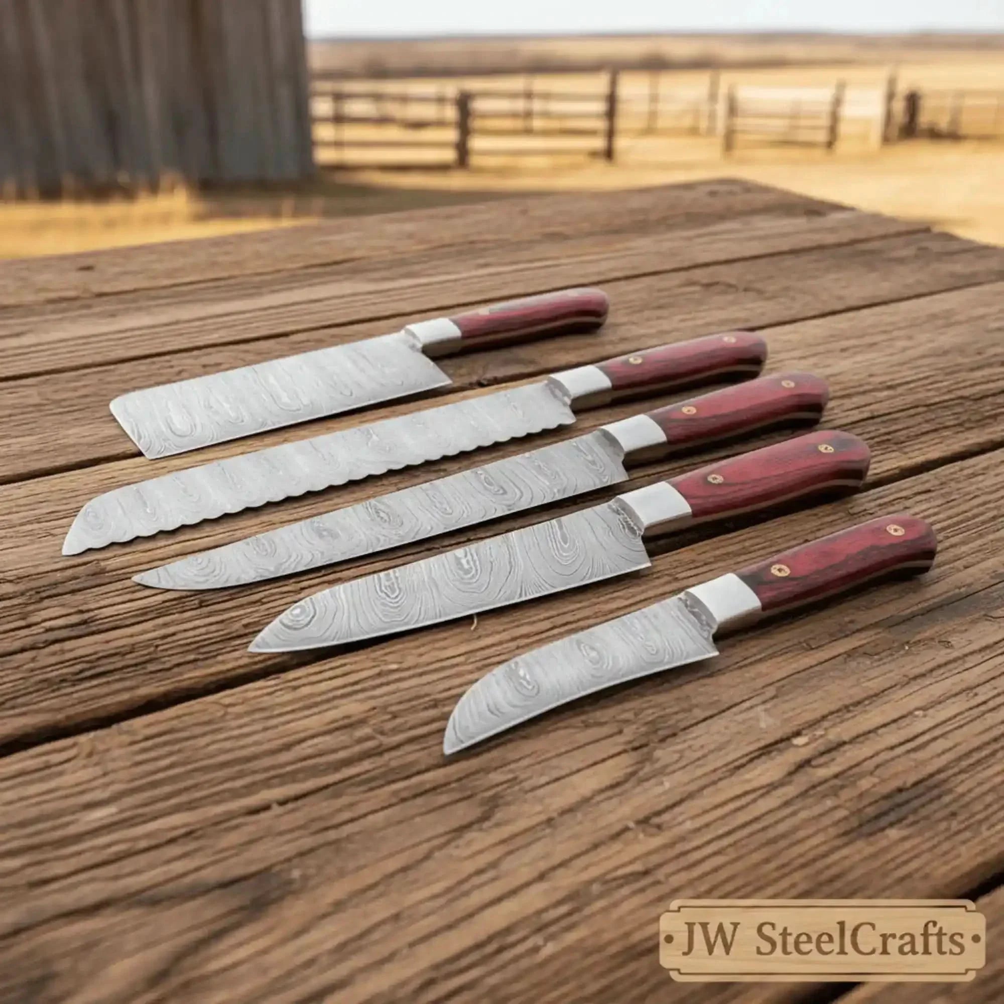 5-Piece Handcrafted Damascus Steel Knife Set: Cleaver, Bread, Chef, Utility, Paring by JW SteelCrafts, Damascus knife main product photo