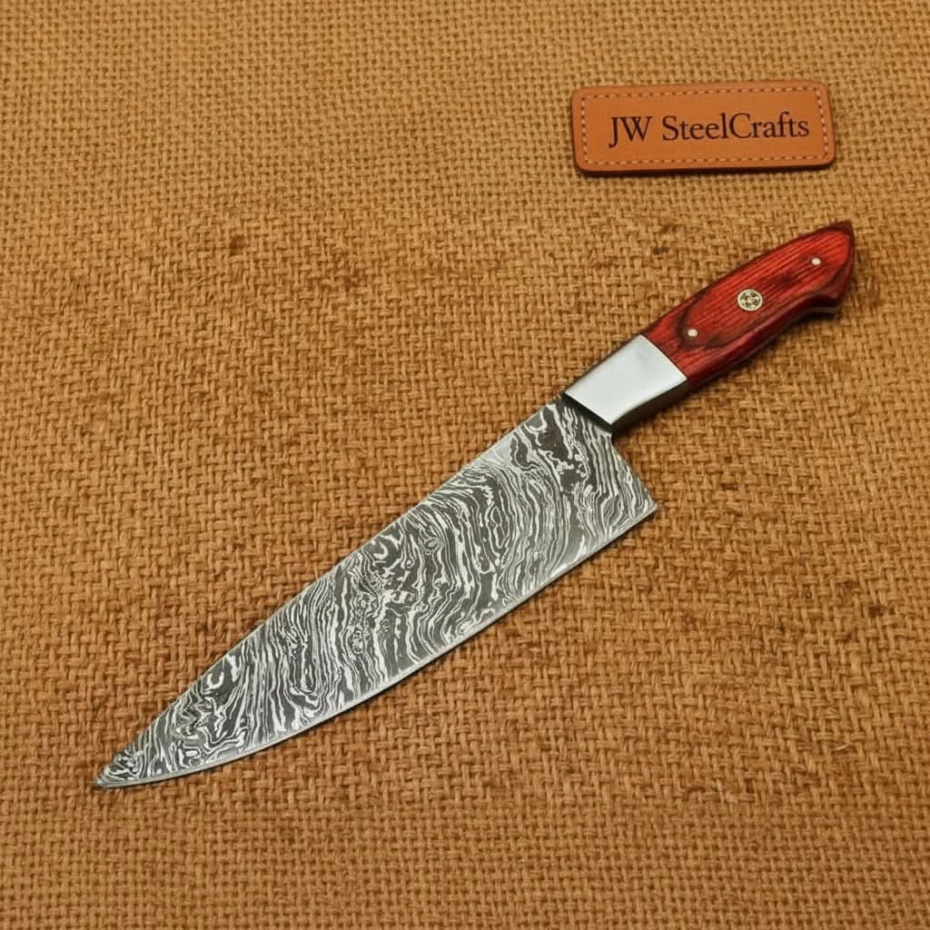 12" Professional Damascus Gyuto Chef Knife — 7" Blade, Red Pakka Wood Handle & Polished Bolster | JW SteelCrafts by JW SteelCrafts, Damascus knife main product photo