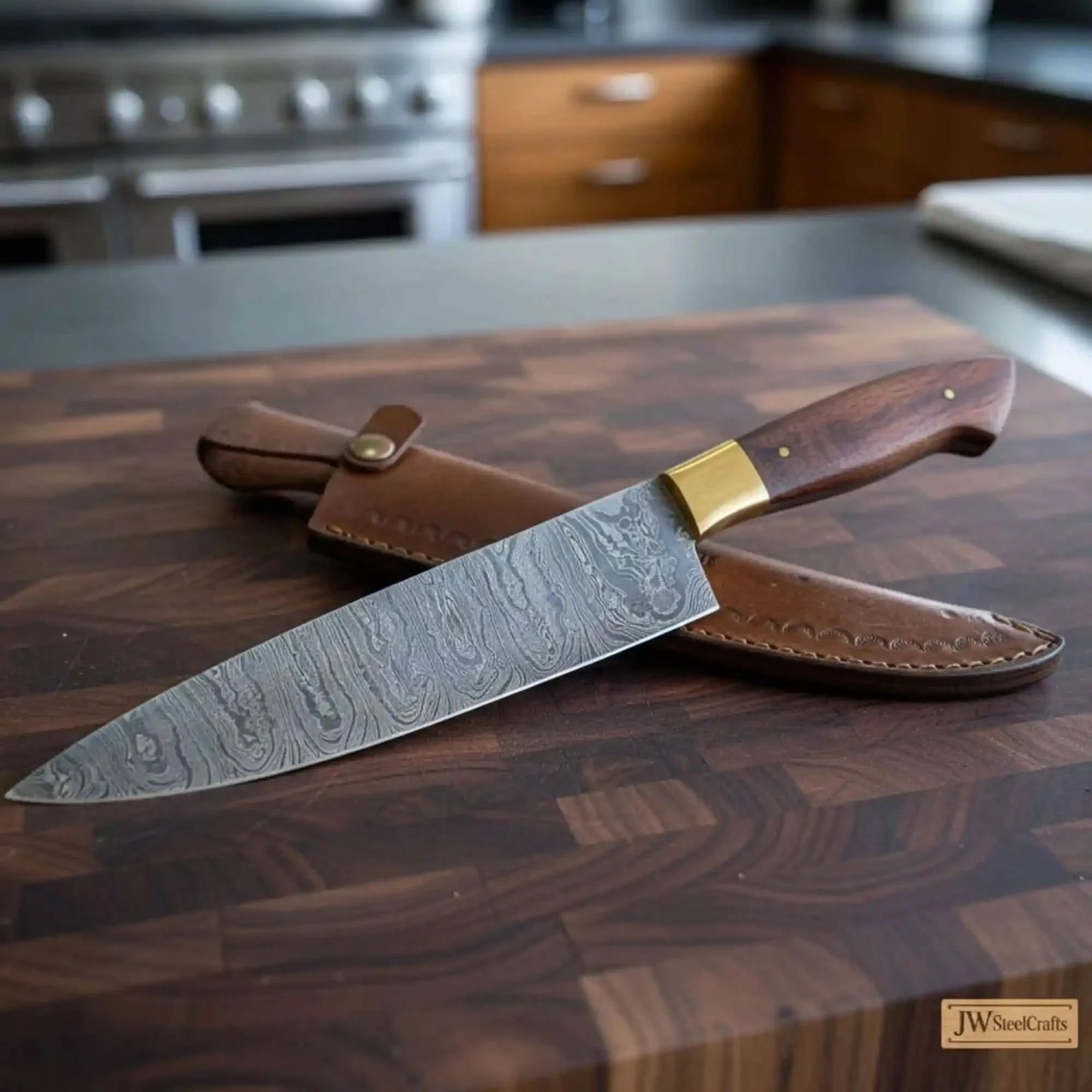 Gyuto Chef Knife 8" Rosewood Handle – Twisted Damascus Steel Blade by JW SteelCrafts, Damascus knife main product photo