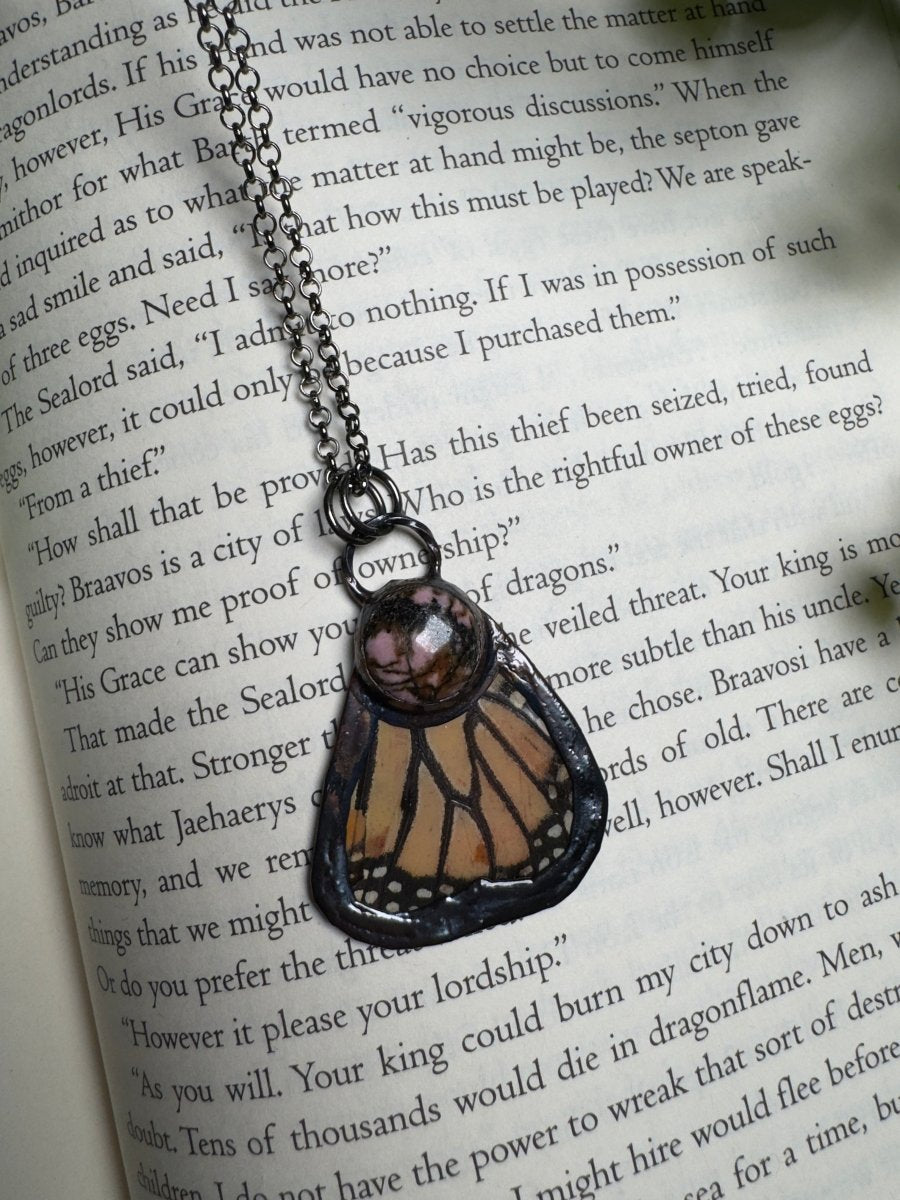 Butterfly Wing and Rhodonite Necklace
