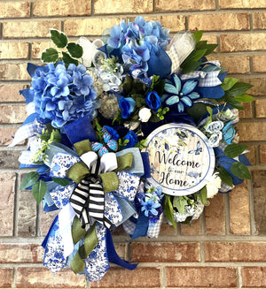 Blue Hydrangea Welcome Wreath | Front Door Decor by Bouge Creations, view 4