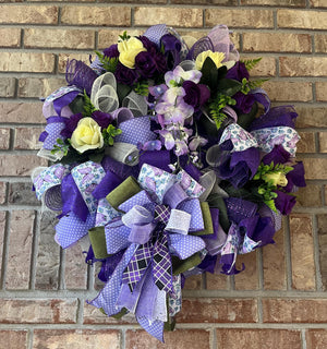 Purple Floral Wreath | Silk Flower Front Door Decor by Bouge Creations, view 3