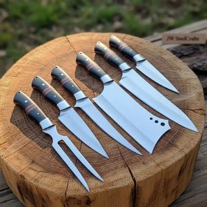 6-Piece J2 Steel Kitchen Knife Set — Chef, Cleaver, Santoku, Utility, Paring & Carving Fork with Black Resin Rosewood Handles