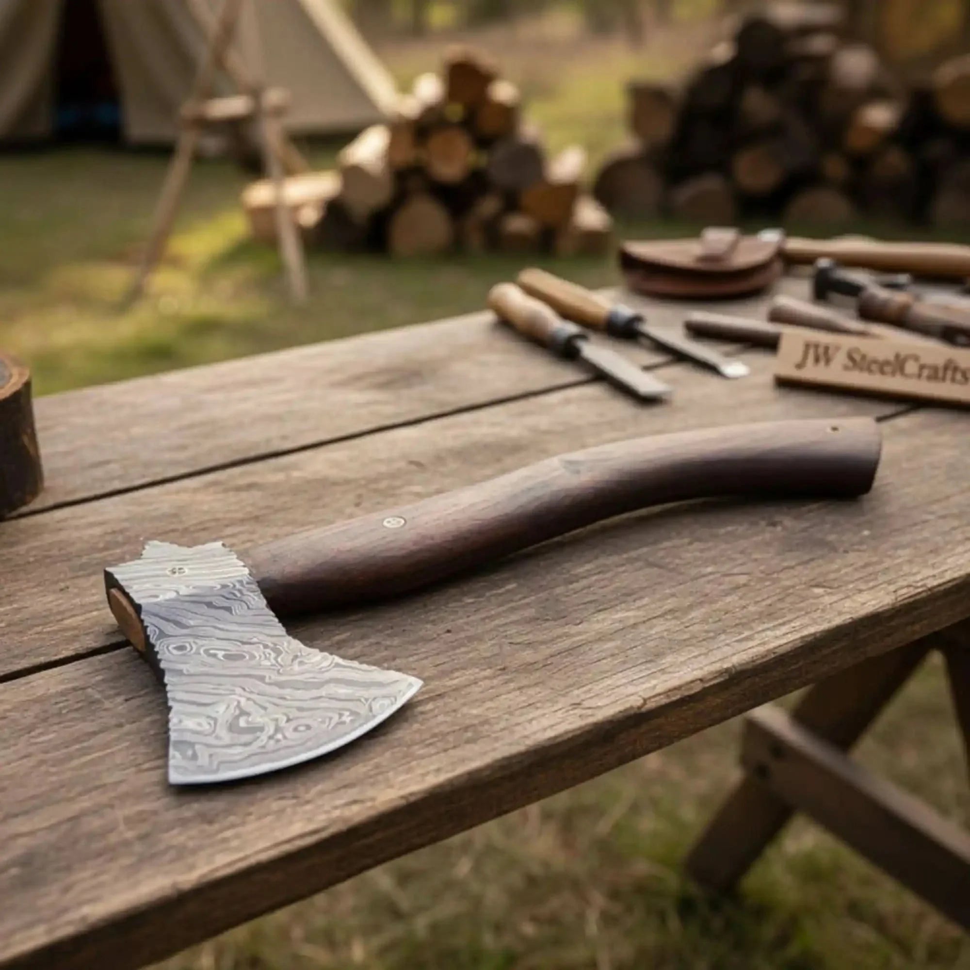 Handmade Damascus Camp Axe with Mosaic Pin and Rosewood Handle by JW SteelCrafts, Southern handmade gift main product photo