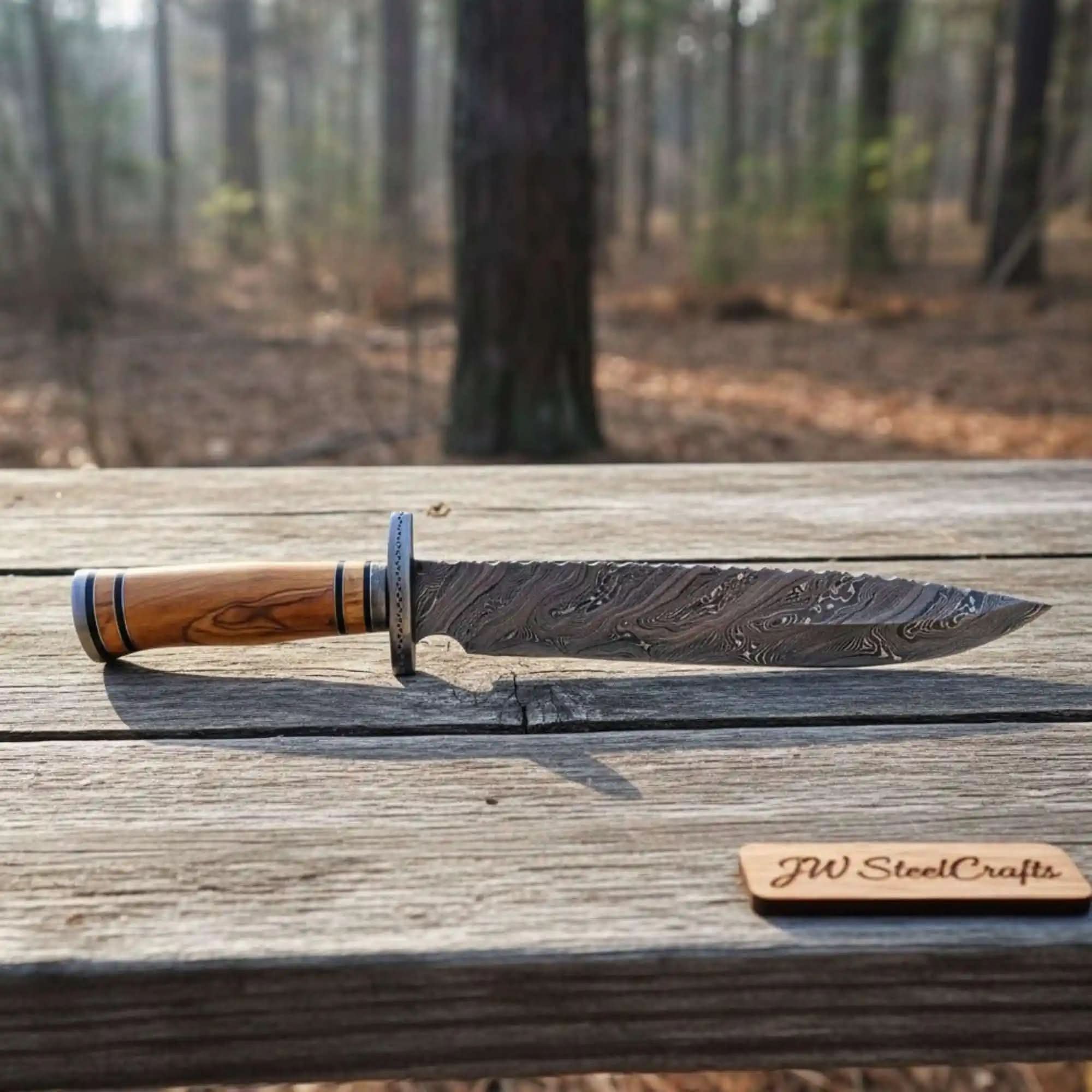 Frontier Damascus Clip Point Bowie Knife with Ash Wood Handle | JW SteelCrafts by JW SteelCrafts, Damascus knife main product photo