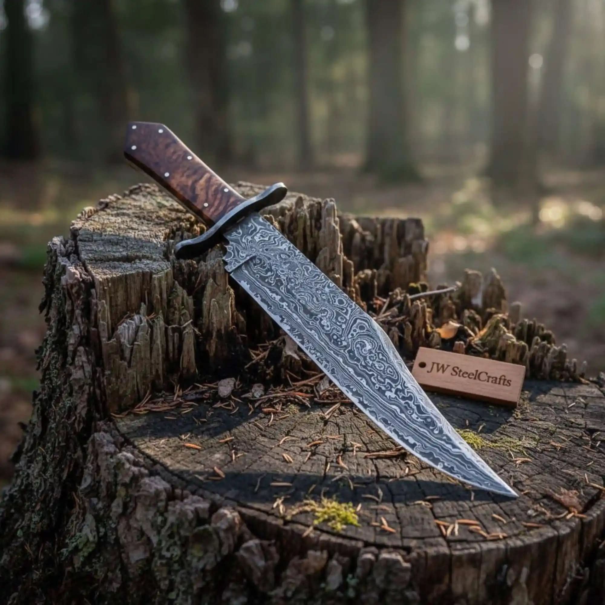 Handmade Victorian Style Bowie Knife with Damascus Steel Blade & Walnut Burl Handle | JW SteelCrafts by JW SteelCrafts, Damascus knife main product photo