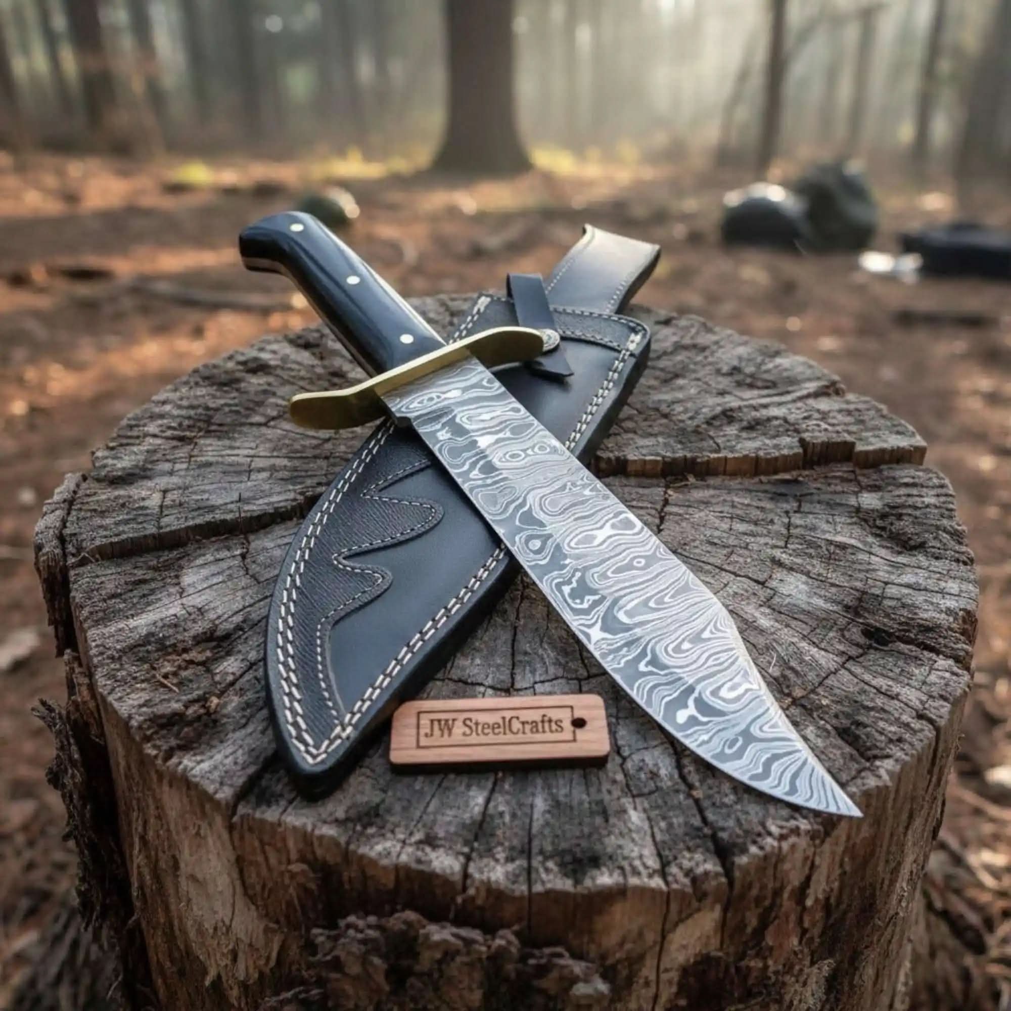Sheffield Clip Point Bowie Knife Handmade Brass Clip JW SteelCrafts by JW SteelCrafts, Damascus knife main product photo