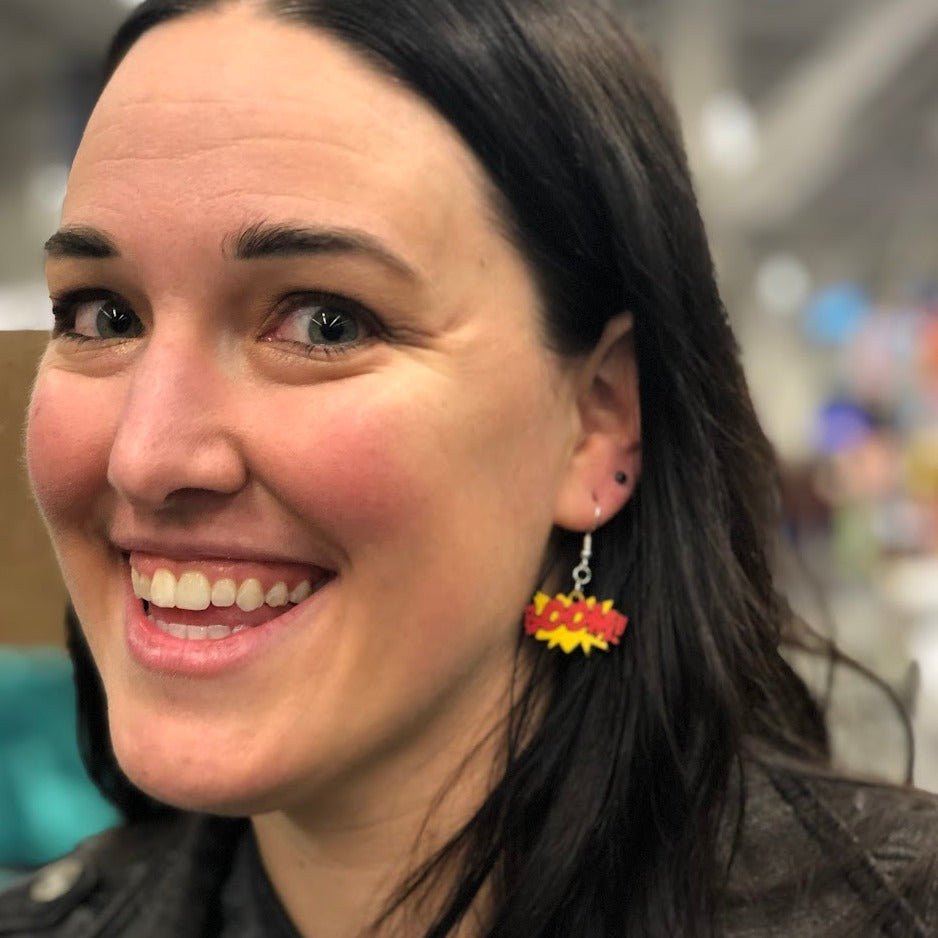 Comic BOOM Sound Effect Wooden Dangle Earrings | Pop Art Jewelry
