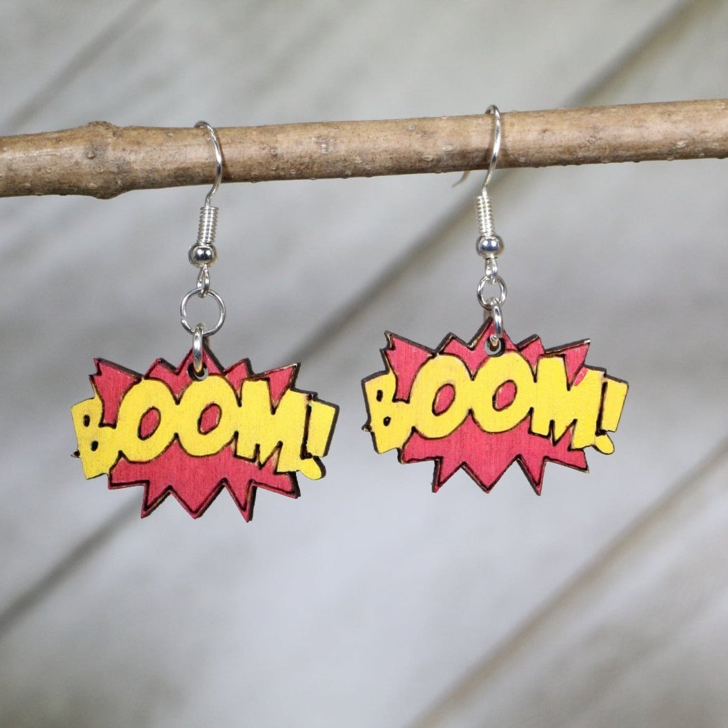 Comic BOOM Sound Effect Wooden Dangle Earrings | Pop Art Jewelry
