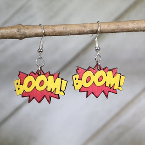 Comic BOOM Sound Effect Wooden Dangle Earrings | Pop Art Jewelry