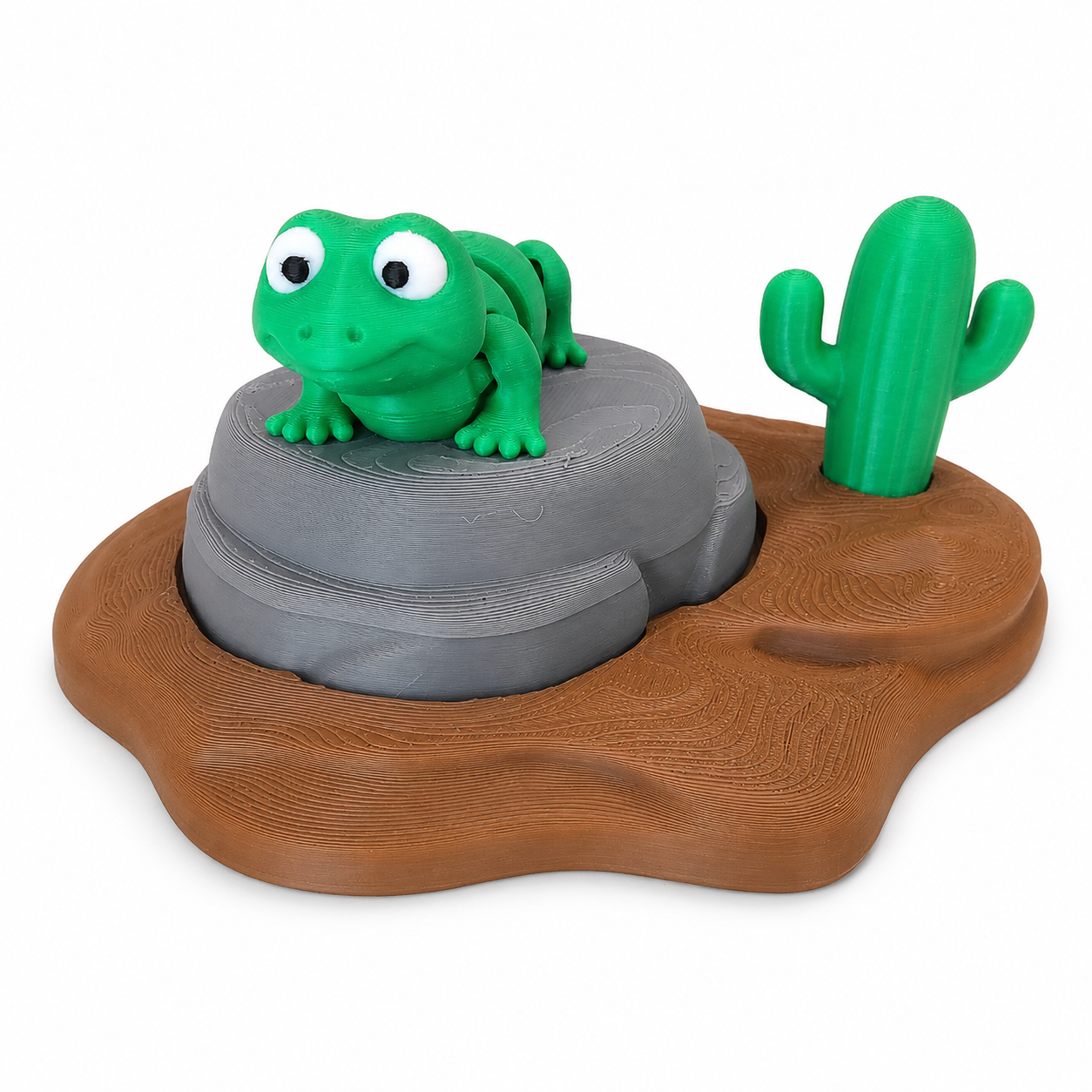 Front view of green 3D printed lizard desert playset with cactus by The Tween Space