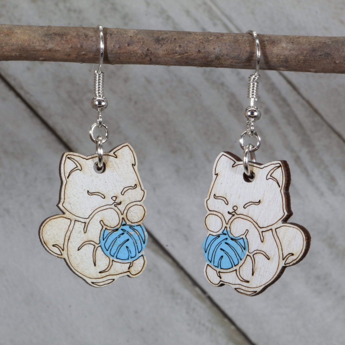 Cat and Yarn Wooden Earrings | Cute Cat Lover Pet Jewelry