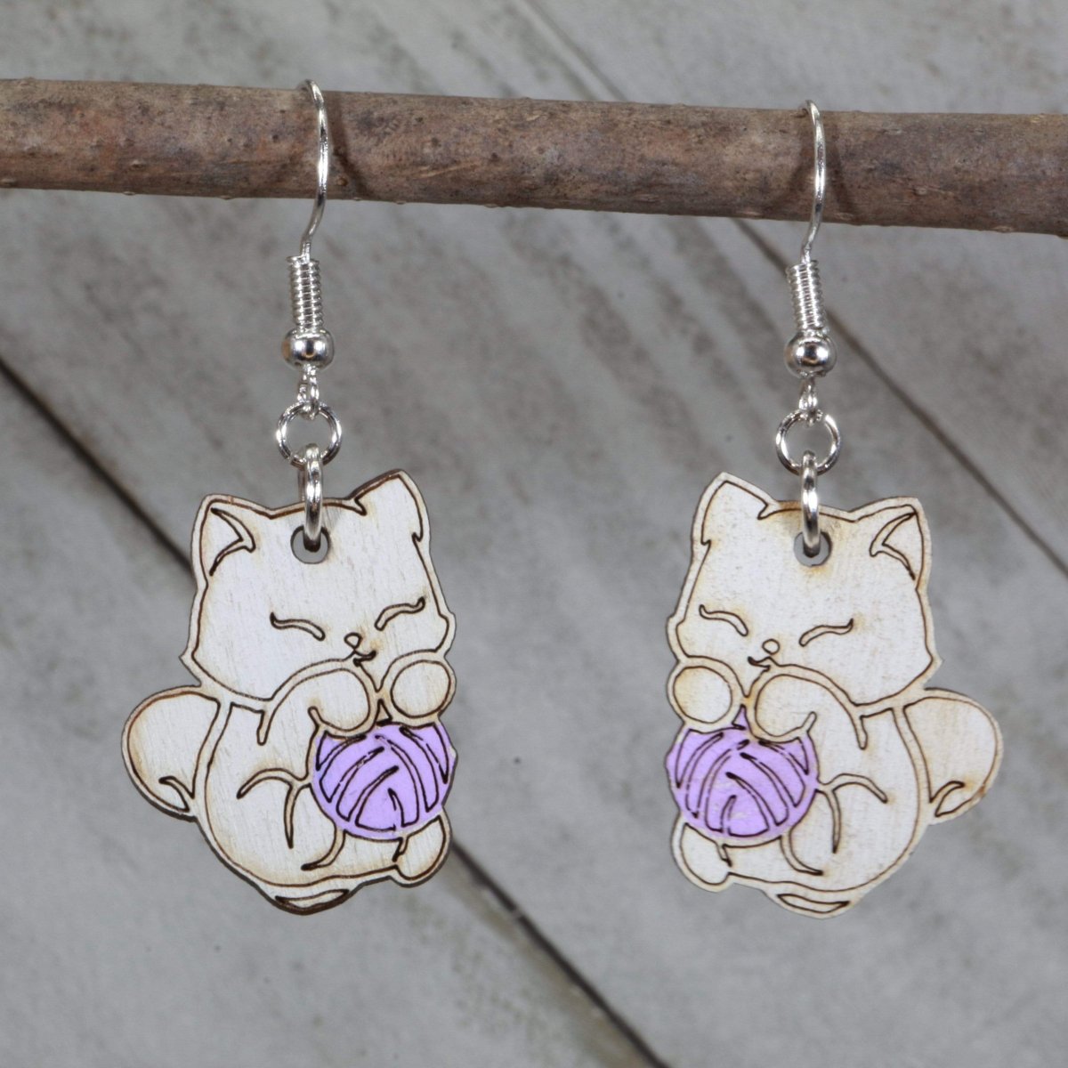 Cat and Yarn Wooden Earrings | Cute Cat Lover Pet Jewelry