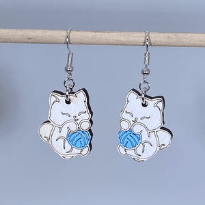 Cat and Yarn Wooden Earrings | Cute Cat Lover Pet Jewelry