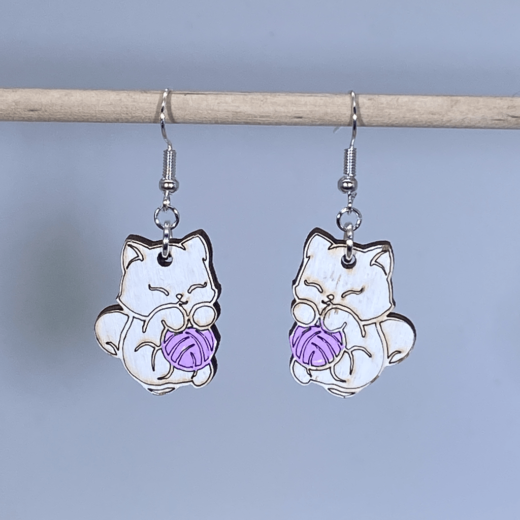 Cat and Yarn Wooden Earrings | Cute Cat Lover Pet Jewelry