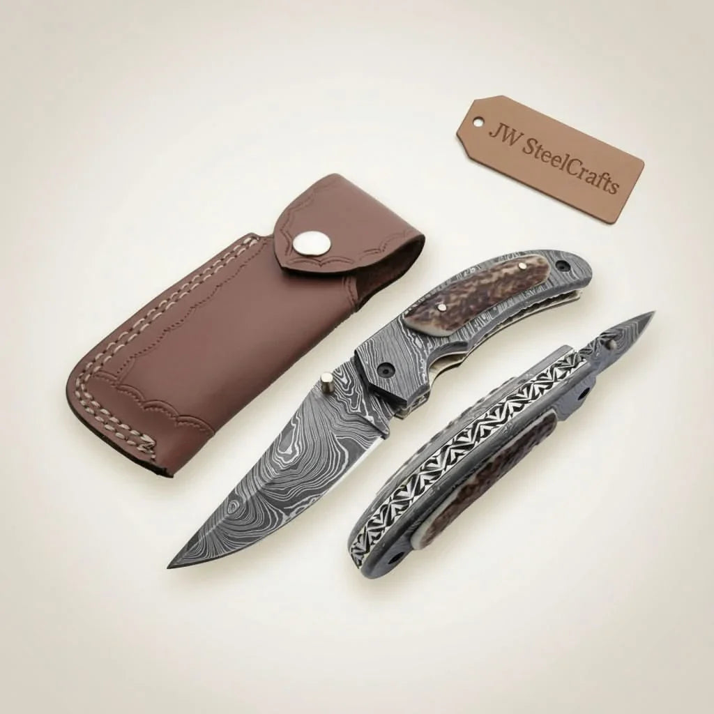 Handmade Damascus Folding Pocket Knife with Floral Engraved Handle – Compact EDC Knife by JW SteelCrafts by JW SteelCrafts, Damascus knife main product photo