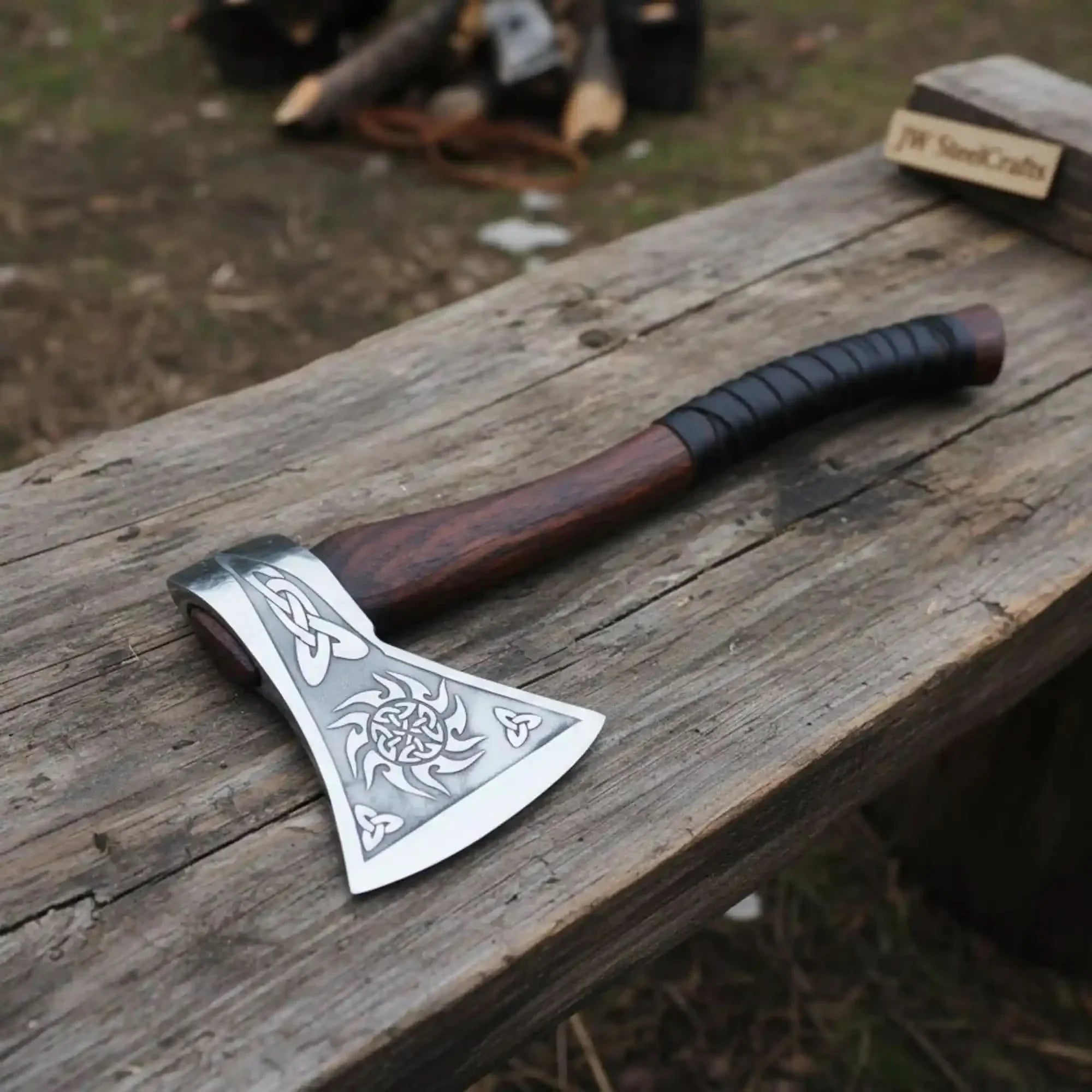 Norse Style Camp Hatchet with Leather Wrapped Handle by JW SteelCrafts, Southern lifestyle apparel main product photo