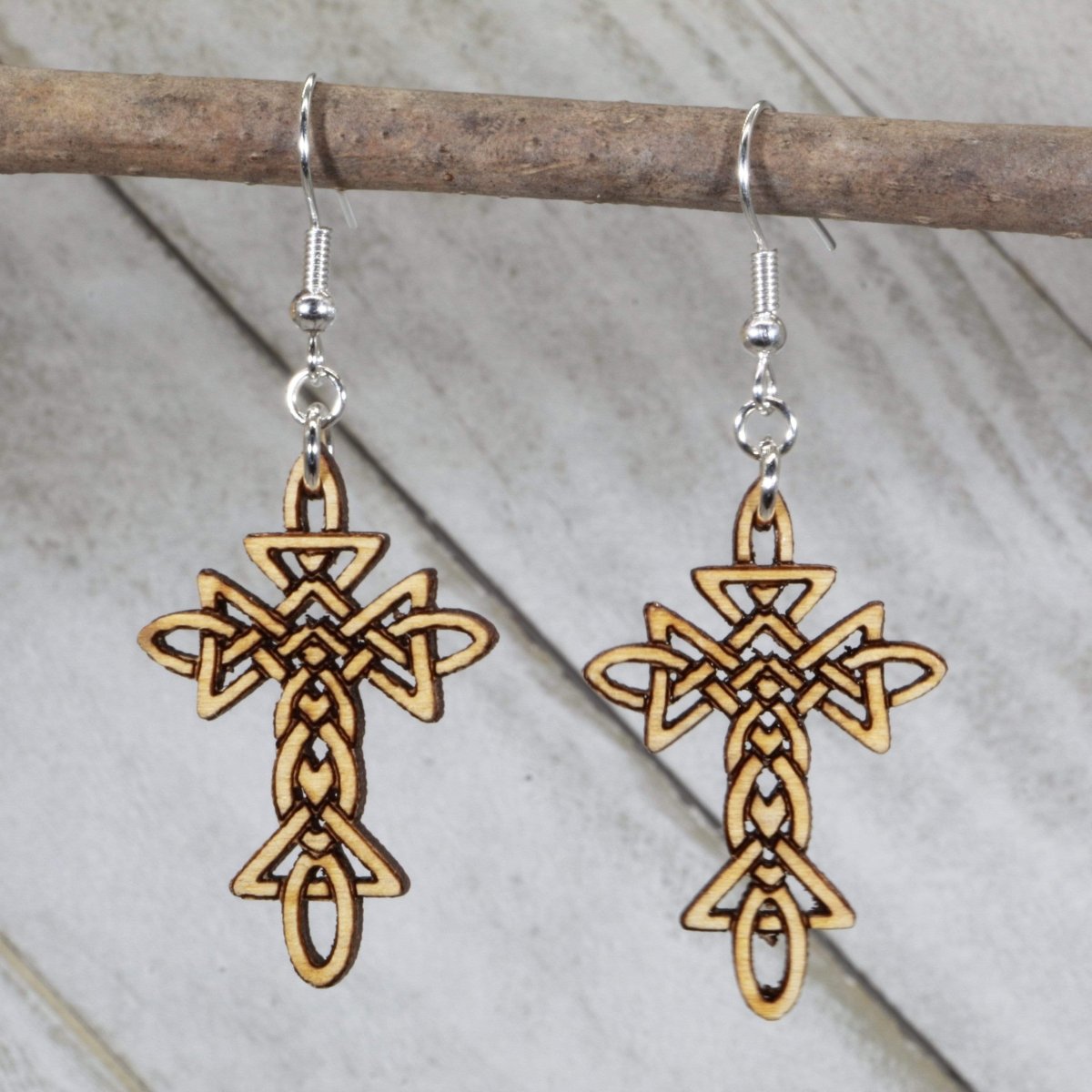 Celtic Knot Cross Wooden Dangle Earrings | Christian Jewelry detail view by Cate's Concepts, LLC