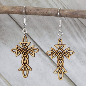 Celtic Knot Cross Wooden Dangle Earrings | Christian Jewelry detail view by Cate's Concepts, LLC