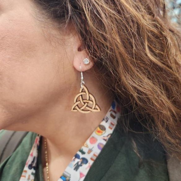Celtic Trinity Knot Wooden Earrings | Irish Symbol Jewelry detail view by Cate's Concepts, LLC