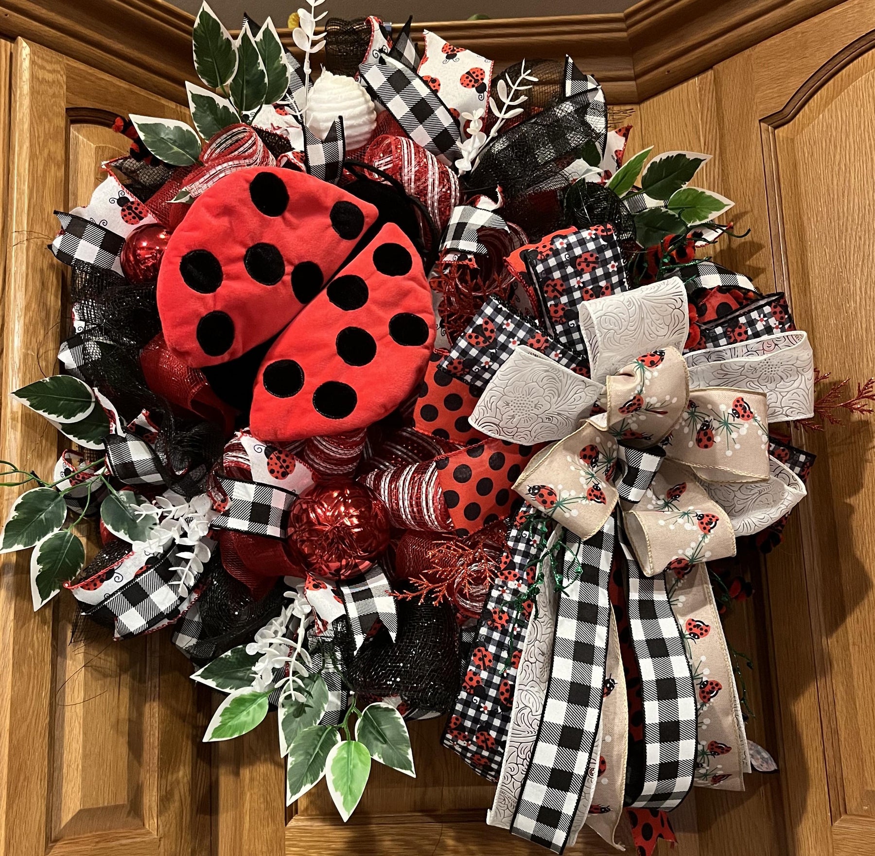 Ladybug Spring Wreath | Red & Black Mesh Door Decor by Bouge Creations, view 4