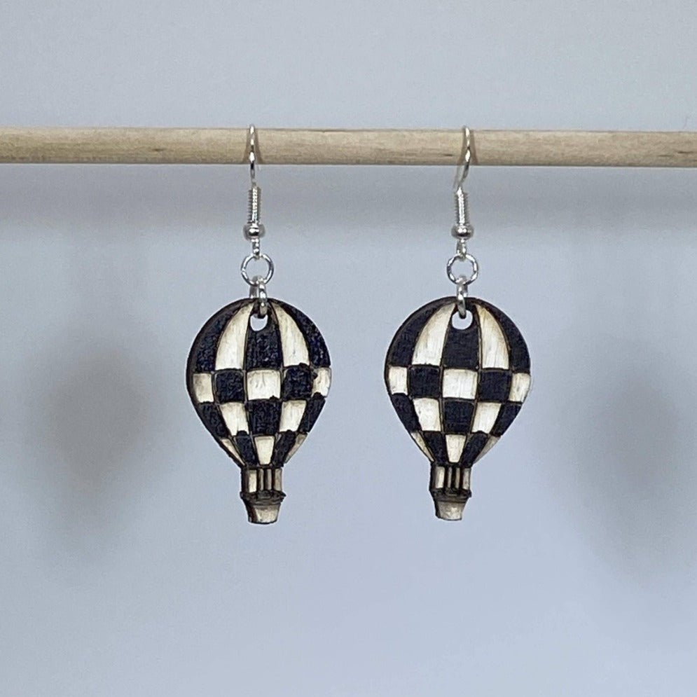 Checkered Hot Air Balloon Wooden Dangle Earrings | Travel Jewelry