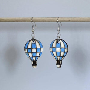 Checkered Hot Air Balloon Wooden Dangle Earrings | Travel Jewelry