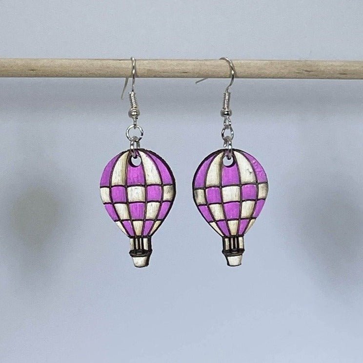 Checkered Hot Air Balloon Wooden Dangle Earrings | Travel Jewelry