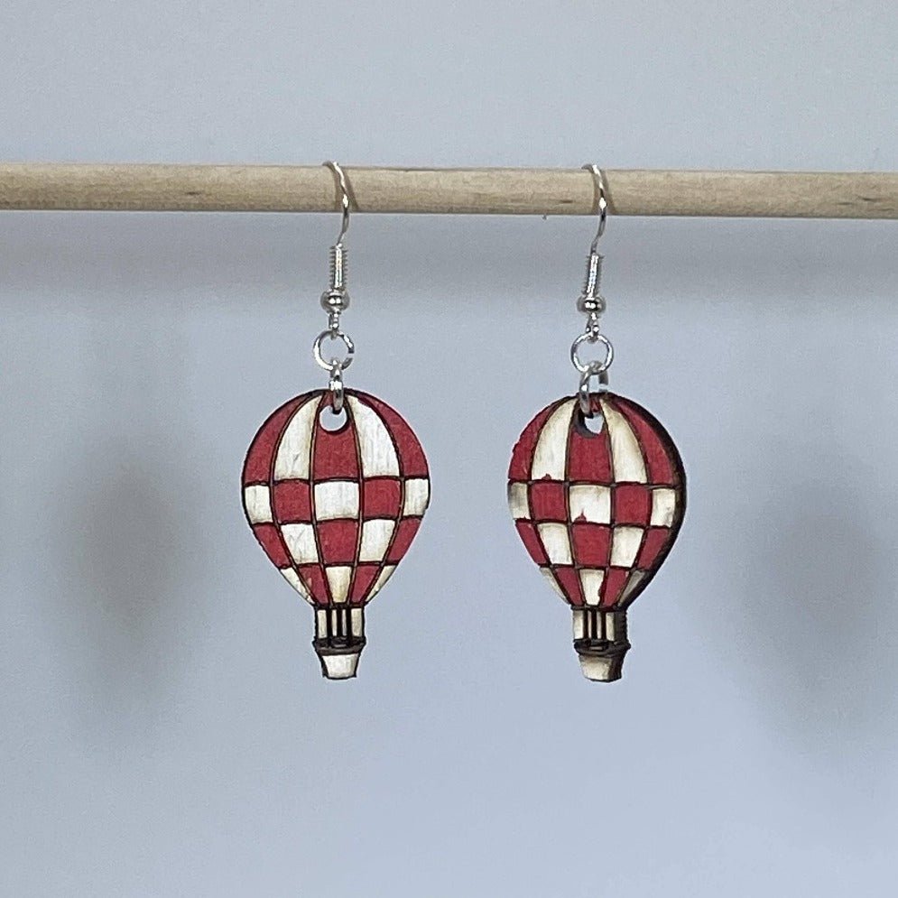 Checkered Hot Air Balloon Wooden Dangle Earrings | Travel Jewelry