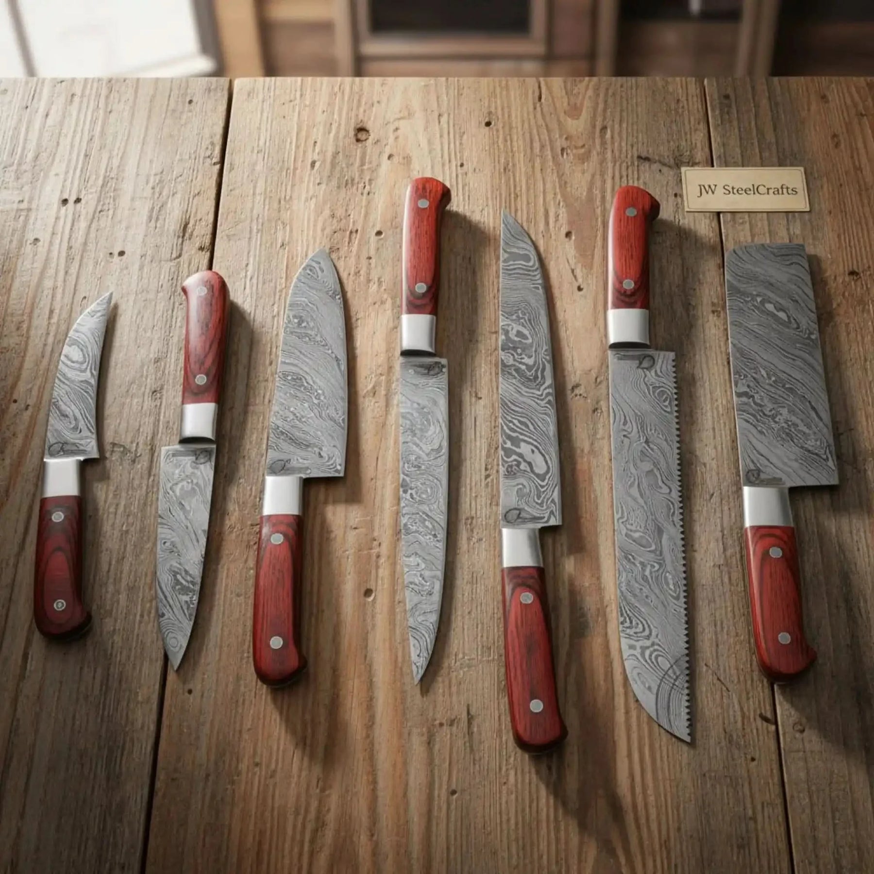 JW SteelCrafts 7 Piece Damascus Kitchen Knife Set, Paring Utility Santoku Chef Carving Bread Knife and Vegetable Cleaver, Handmade Damascus Steel Knife Set Red Wood Handle