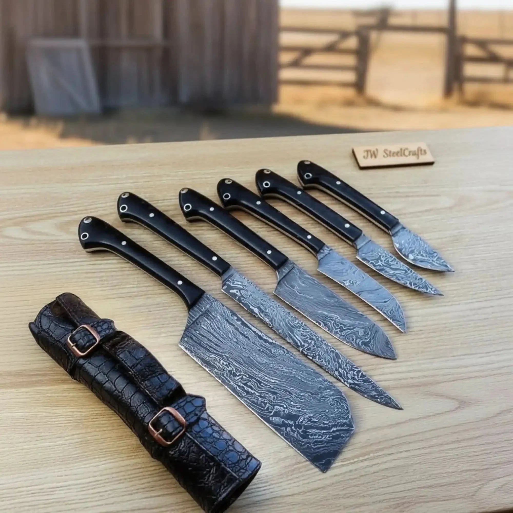JW SteelCrafts Fire-Pattern Damascus Full-Tang Butcher Cleaver & Precision Kitchen Knife Set by JW SteelCrafts, Damascus knife main product photo