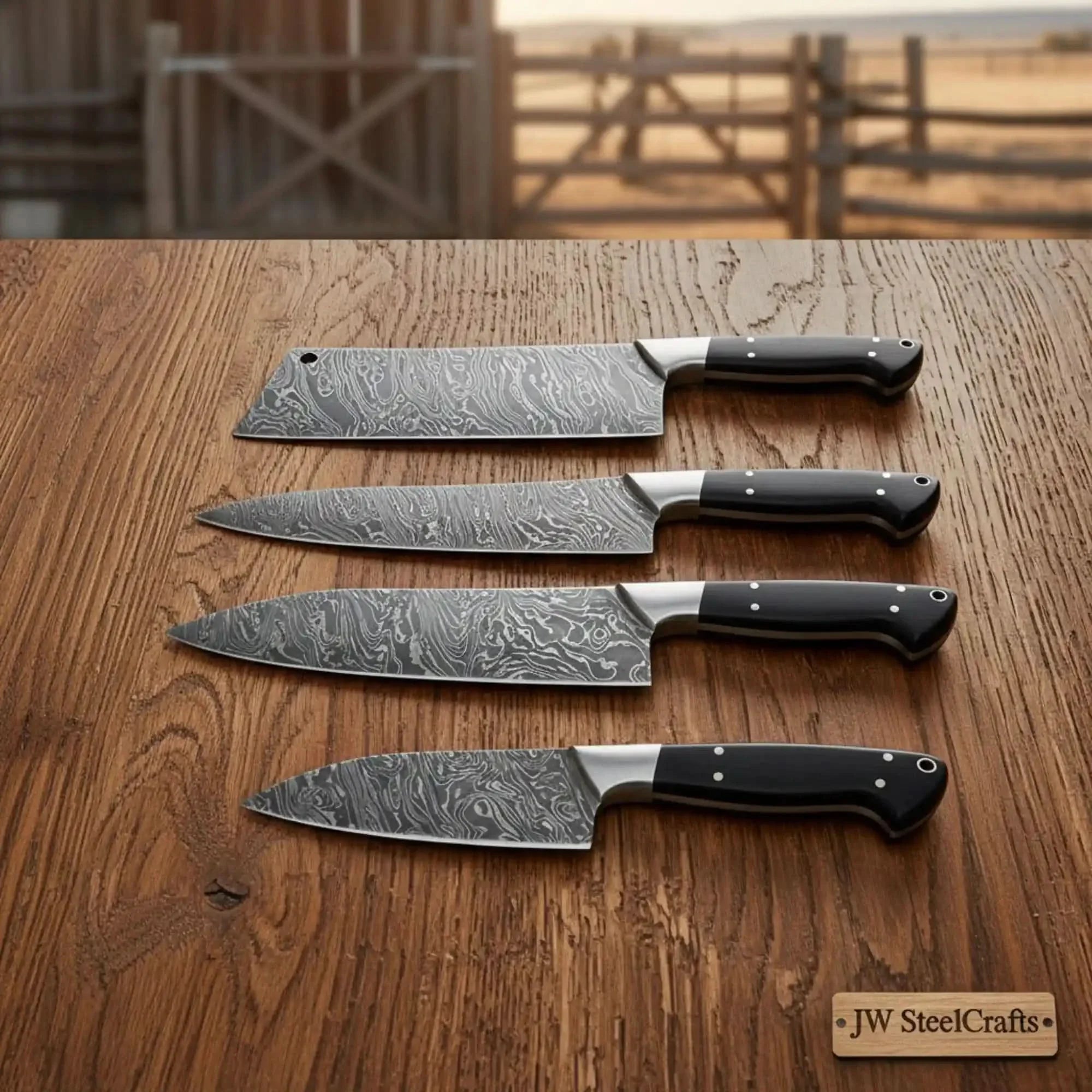 4-Piece Handmade Damascus Steel Kitchen Knife Set with Pakka Wood Handles by JW SteelCrafts, Damascus knife main product photo