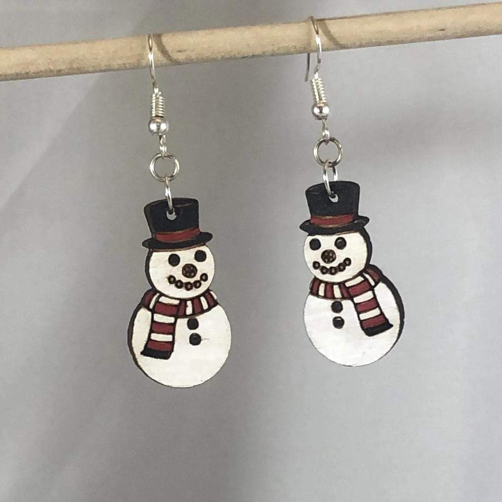 Button Nose Snowman Wooden Dangle Earrings | Christmas Jewelry