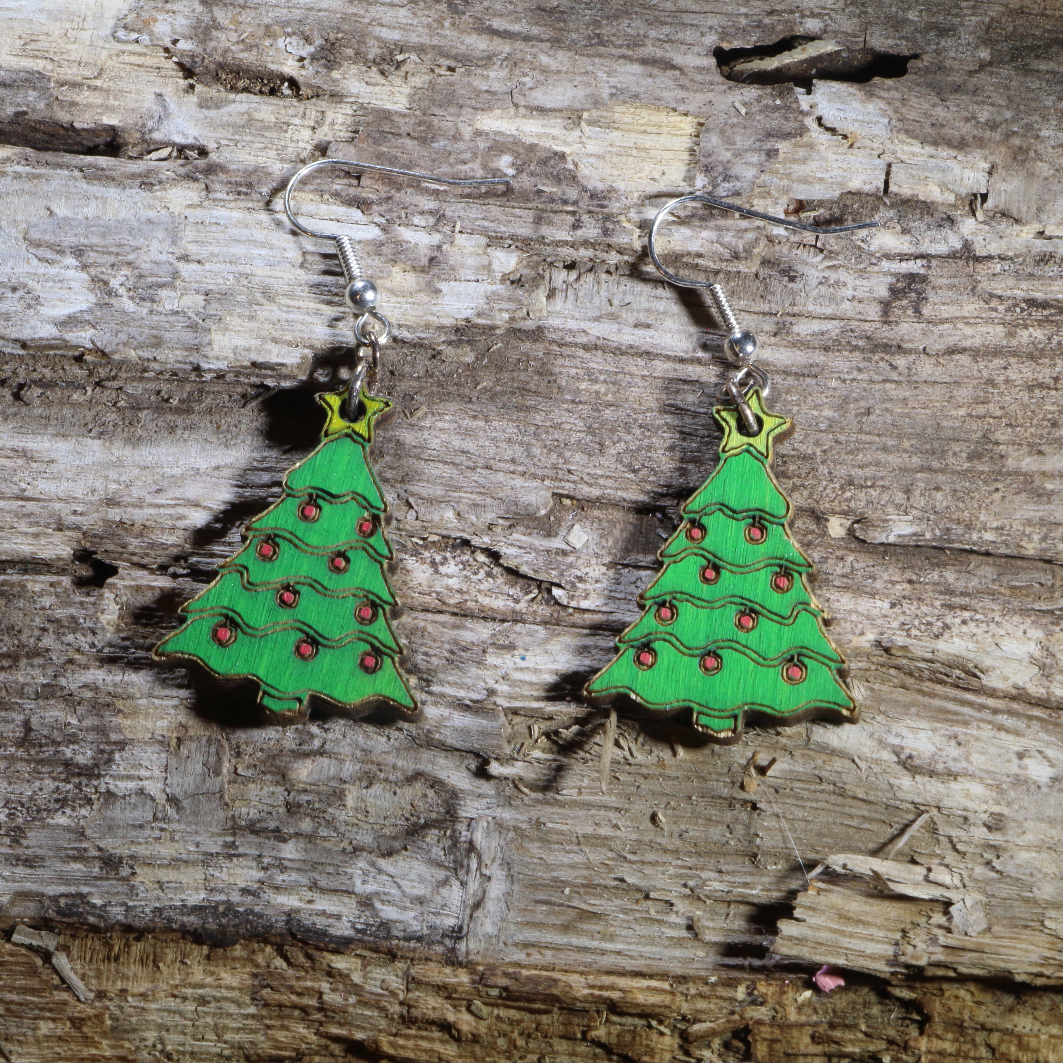 Christmas Tree Wooden Dangle Earrings | Holiday Jewelry