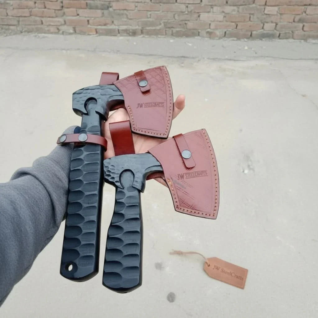 Forged Tool Axe Duo – Textured Steel Heads with Sculpted Hardwood Handles and Leather Sheaths by JW SteelCrafts, leather knife sheath detail photo 2