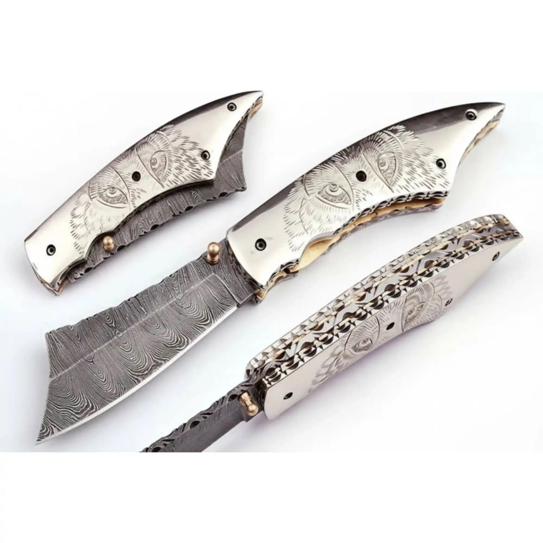 Handmade Damascus Folding Knife with Wolf Engraved Bone Handle & Leather Sheath