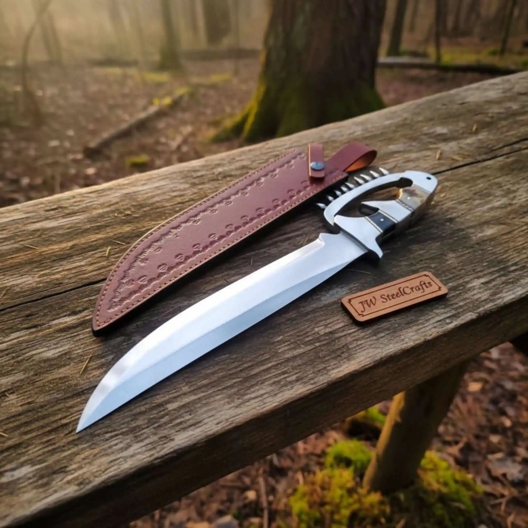 D-Guard Bowie Knife High Polish Blade Clip Point Fixed Blade JW SteelCrafts by JW SteelCrafts, Damascus knife main product photo