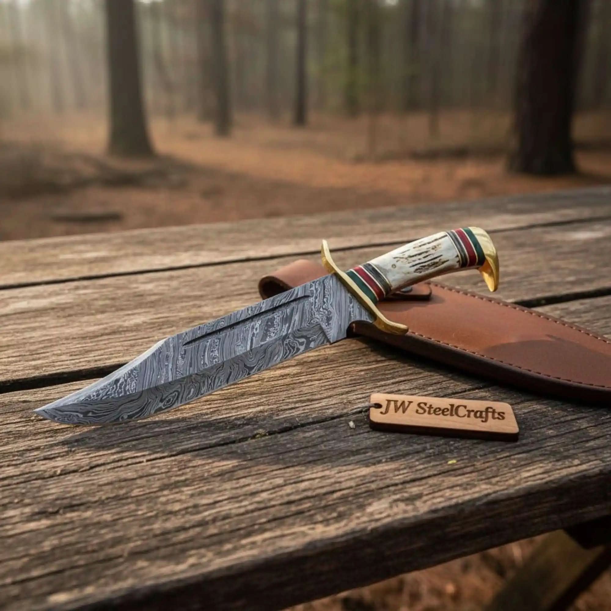 Handmade Coffin Handle Damascus Clip Point Bowie Knife with Stag Horn by JW SteelCrafts, Damascus knife main product photo