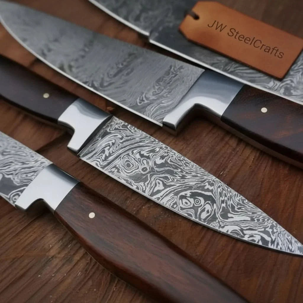 Handmade Damascus Kitchen Knife Set with Walnut Wood Handle - Professional Chef's Knives by JW SteelCrafts, Damascus knife detail photo 2