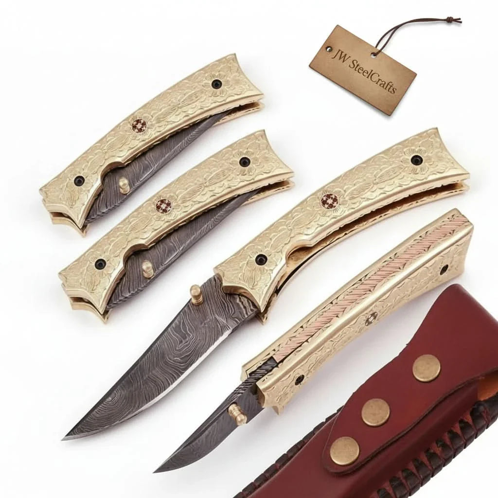Handmade Damascus Folding Knife with Engraved Brass Handle & Precision Lock | JW SteelCrafts by JW SteelCrafts, Damascus knife main product photo