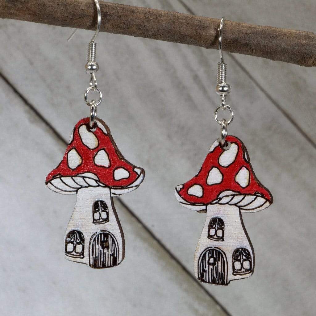 Enchanted Mushroom Wooden Dangle Earrings | Fantasy Jewelry detail view by Cate's Concepts, LLC