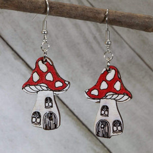 Enchanted Mushroom Wooden Dangle Earrings | Fantasy Jewelry detail view by Cate's Concepts, LLC