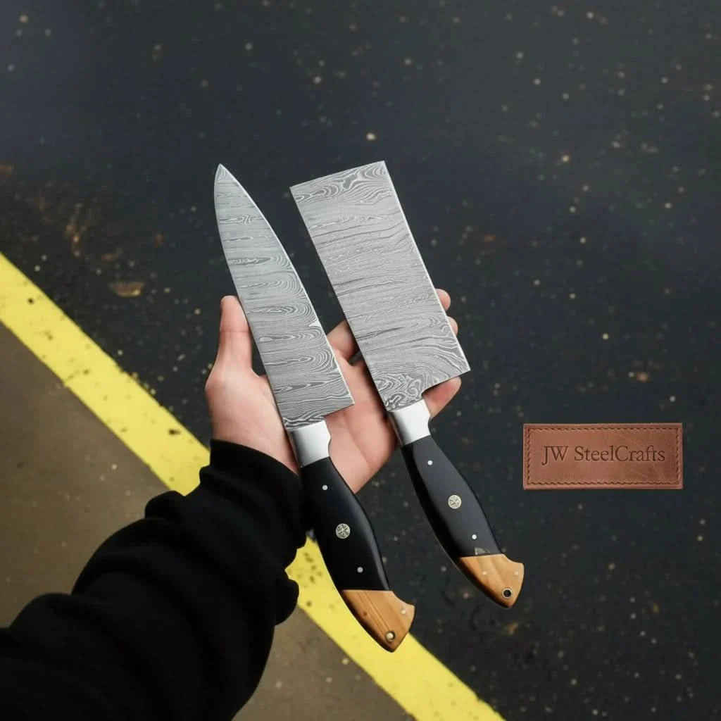 Premium Damascus Cleaver and Santoku knife Set — Olive Wood & Black Resin Handles, Full Tang Chef Knives by JW SteelCrafts, Damascus knife detail photo 2