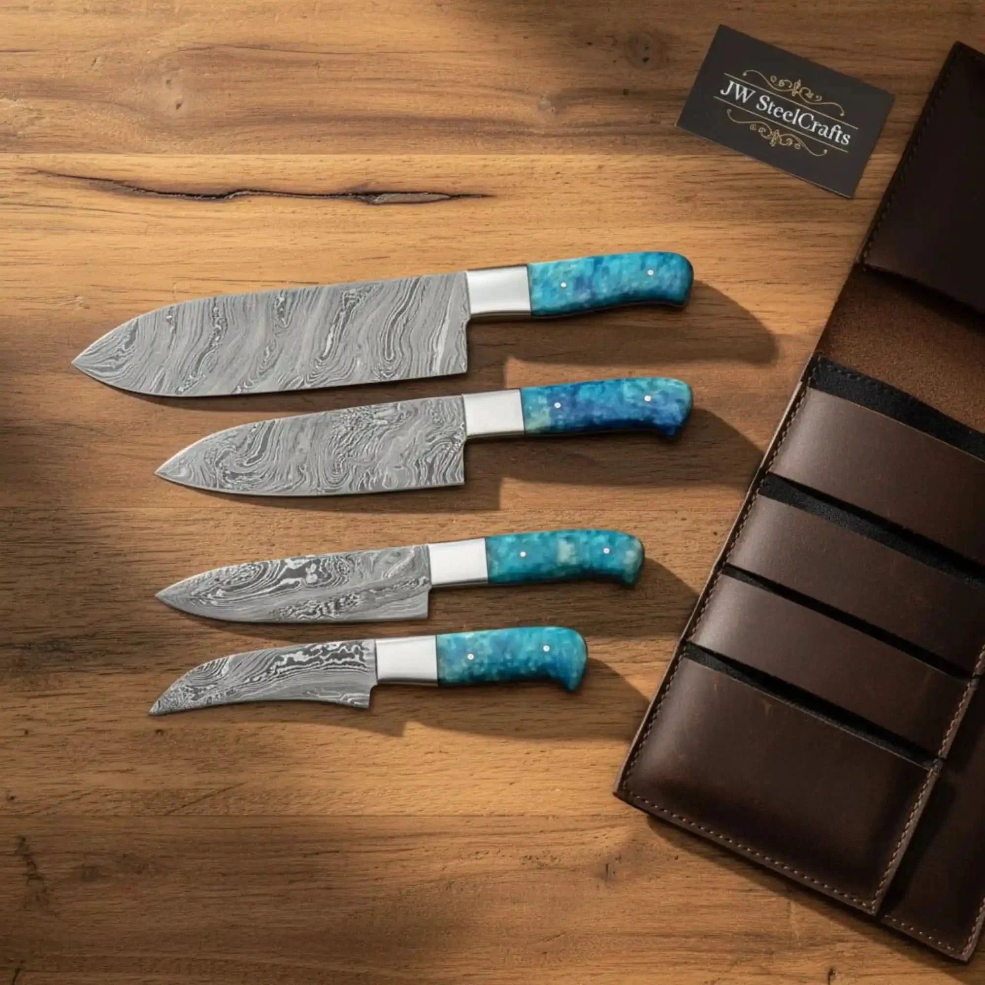 4-Piece Damascus Chef Knife Set — 8" Gyuto, 6" Utility, 5" Petty & 4" Paring with Teal Blue Resin Handles & Silver Bolsters by JW SteelCrafts, Damascus knife main product photo