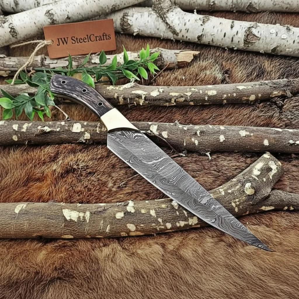 12-Inch All-Purpose Damascus Chef Knife with Brass Bolster & Pakka Wood Handle by JW SteelCrafts, Damascus knife main product photo