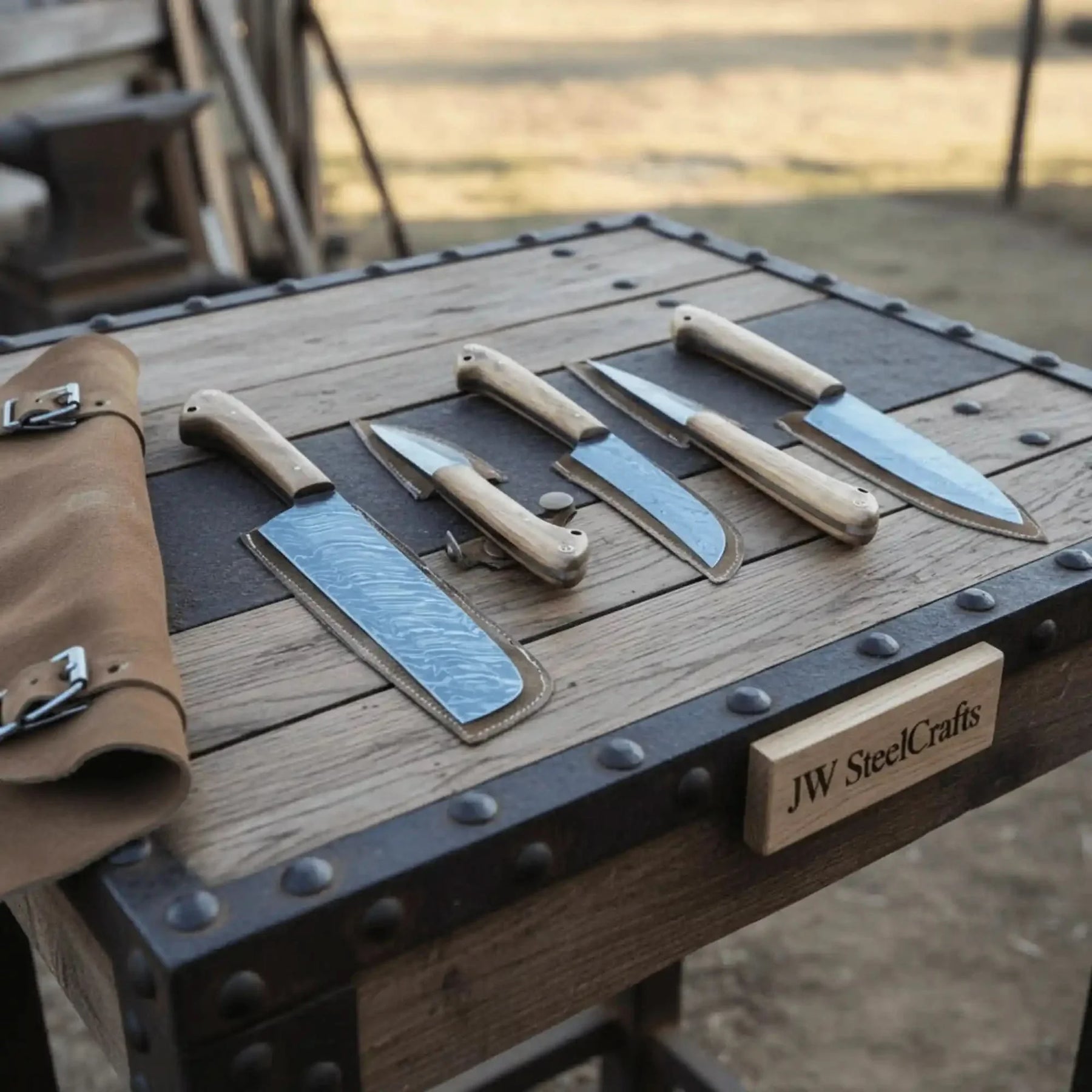 5-Piece Damascus Knife Set — Cleaver, Chef, Skinner, Utility & Paring with Olive Wood Handles & Leather Roll