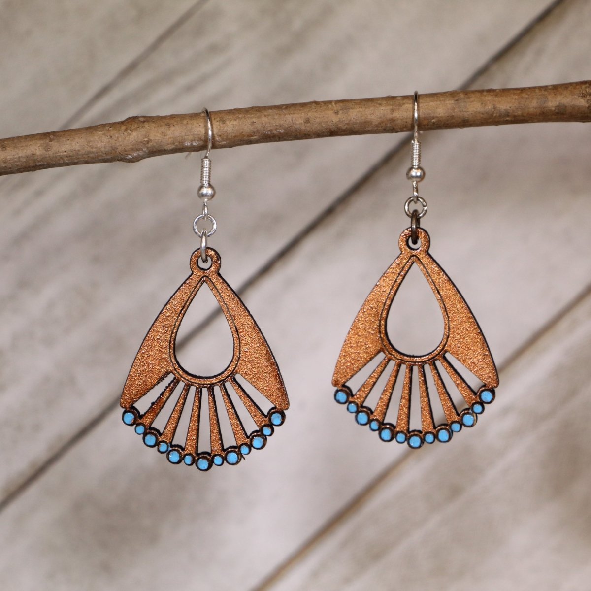 Art Deco Fan Wooden Earrings | Copper Turquoise Geometric Jewelry